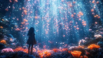 Wall Mural - child explorer in a bioluminescent underwater dreamscape surrounded by fantastical sea creatures and floating coral formations magical light beams illuminate the scene