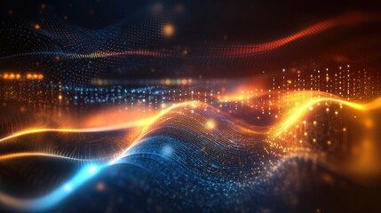 Poster - Abstract background featuring a series of sine waves and luminous patterns reflecting themes of contemporary technology and science