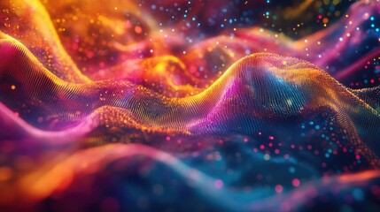 Poster - Abstract digital data visualization featuring dynamic waves and moving dots resembling a musical flow of sound in a three dimensional space