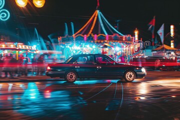 Sticker - a black car driving down a street next to a carnival