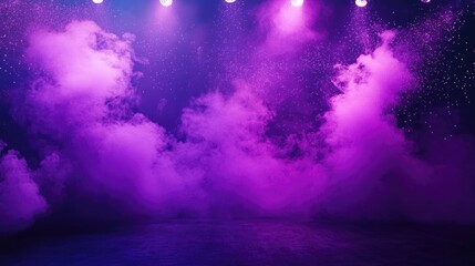 Poster - Dark stage with purple smoke and neon sparkles creating an abstract atmosphere