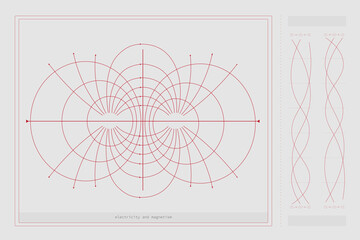 Visualization of electromagnetic field lines, illustrating interaction between electric and magnetic fields. Science. Modern aesthetics, minimalist art. Vector design for creative cover, poster and ad