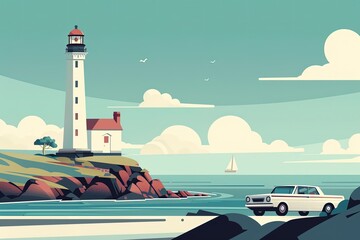 Poster - a car driving past a lighthouse on a beach