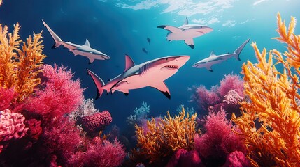 Wall Mural - Sharks and Coral Reef.