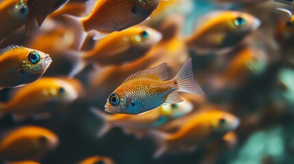 Aufkleber - A close-up of a school of small fish swimming together, with their scales shimmering in the light, capturing the beauty of underwater life.