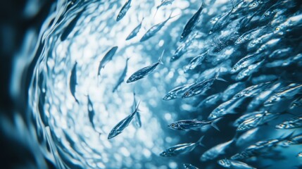 Poster - A close-up of a shoal of silver fish darting around, with their bodies reflecting light and creating a dynamic, fluid motion in the water.