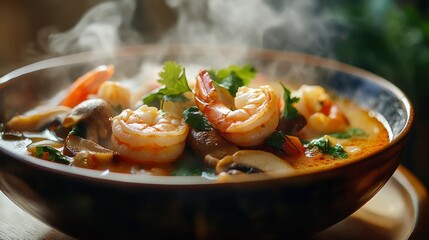 Wall Mural - A close-up of a traditional Thai Tom Yum Goong soup with shrimp, mushrooms, and herbs, with steam rising from the bowl, emphasizing its spicy and aromatic qualities.