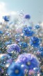 © Larysa - Soap bubbles floating towards a scenic nemophila field with a beautiful backdrop, creating a whimsical atmosphere with copy space image