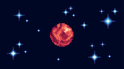 Wall Mural - mars pixel art banner. red planet in space, stars around. astronomical object background. 8-bit spri