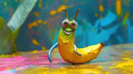 Canvas Print - Funny banana bug on a colourful surface.