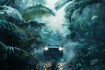 Wall Mural - a car driving through a dense forest on a foggy day