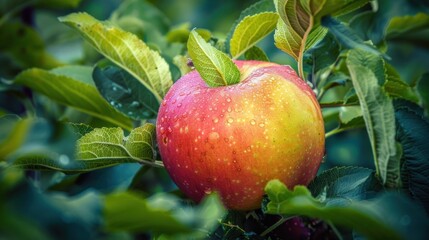 Wall Mural - Ripe Red Apple with Dew Drops on Branch.