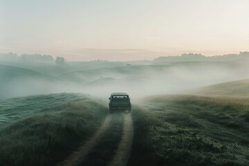 Wall Mural - a car driving down a dirt road in the middle of a field