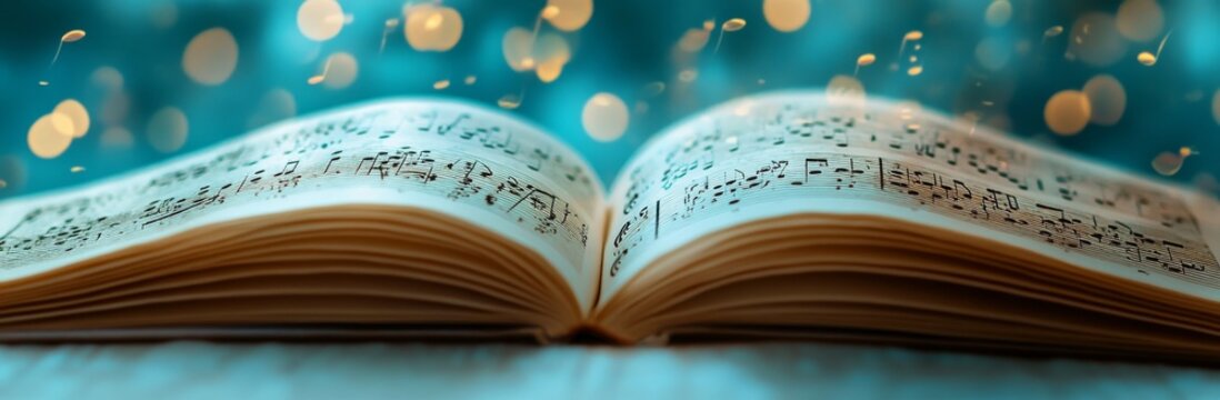 An open note vintage notebook with musical note symbols, perfect for a music school website or articles on music topics