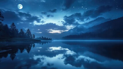 Wall Mural - Tranquil Night by the Lake with Moonlight