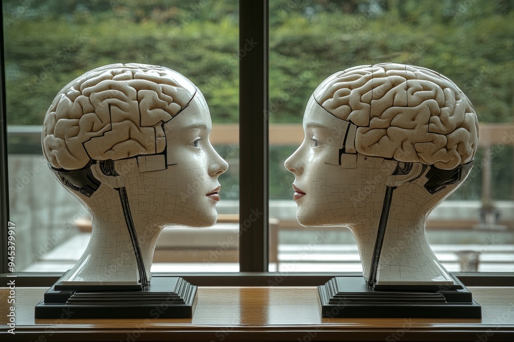 Intellectual Connection Two mannequin heads with puzzle brains facing each other in an indoor ...