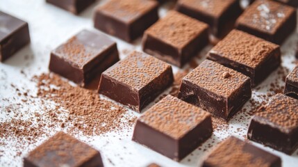 Poster - A close-up of chocolate squares with a dusting of powdered cocoa, arranged in an appealing pattern on a white surface, showcasing their rich detail.