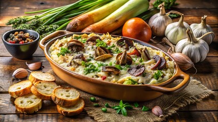 A savory gratin dish filled with creamy basmati rice, caramelized mushrooms, and tender leeks, paired with a crusty baguette slice and a vibrant arrangement of roasted vegetables