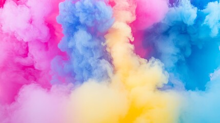 Leinwandbilder - A close-up of colorful smoke bombs releasing vibrant clouds of pink, blue, and yellow smoke, creating an abstract and dynamic scene