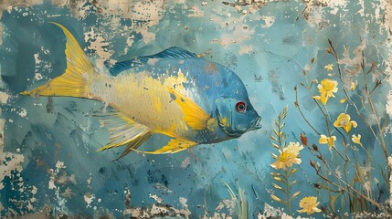 Wall Mural - Abstract Fish with Yellow Flowers.