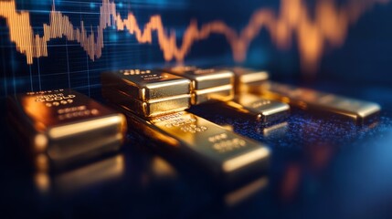 Poster - A close-up of gleaming gold bars stacked neatly, with a financial graph overlay showing upward trends in the background, highlighting investment growth.