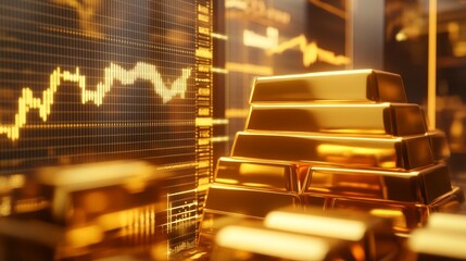 Poster - A close-up of gold bars stacked next to a transparent screen with animated graphs and charts, showing real-time fluctuations in gold prices.
