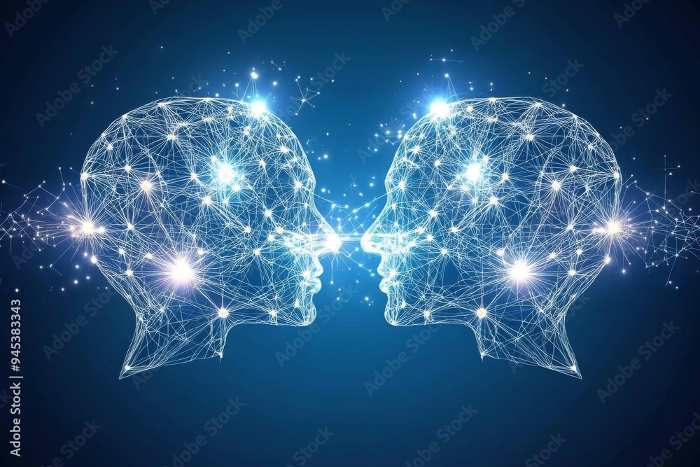 Two glowing human heads with neural networks facing each other in a ...