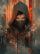 © Iggy - Cyberpunk man wearing a hood and mask with glowing eyes, drawing