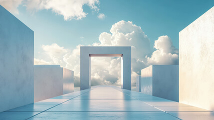 Wall Mural - Minimal white architecture with surreal geometric structures and soft cloud-filled skies