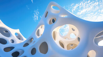 Wall Mural - Surreal 3D render of white geometric structures with modern design and blue sky backdrop