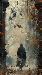 Sticker - A Man Walks Through a Foggy Autumn Street