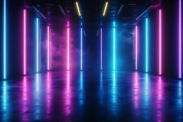 Poster - A futuristic and vibrant interior space with glowing neon lights and reflective surfaces, ideal for creative projects and designs.