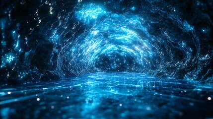 Poster - A mesmerizing illuminated tunnel with shimmering blue lights, creating an ethereal atmosphere perfect for fantasy and science fiction themes.
