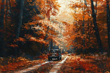 Wall Mural - a painting of a car driving down a forest road