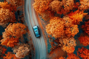 Wall Mural - a car driving down a road surrounded by trees