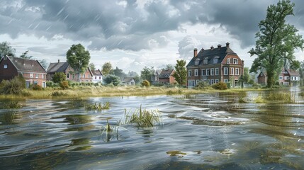 Wall Mural - Flooded Village Houses Stormy Weather Rain Clouds