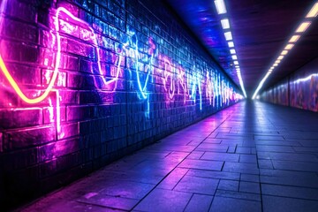 Poster - A vibrant neon light display illuminates a dark tunnel, creating an energetic and artistic urban atmosphere.
