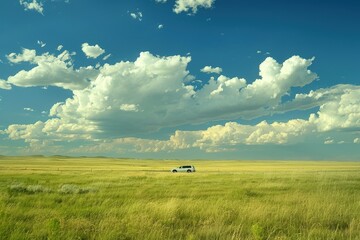 Wall Mural - a truck driving through a field under a cloudy sky