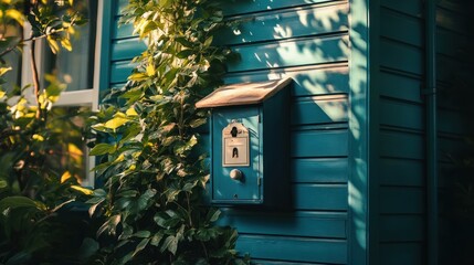 Canvas Print - A blue wooden mailbox attached to the side of a teal-colored house with lush green foliage in the foreground and sunlight dappling across the surface.