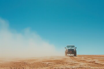 Sticker - a jeep driving on a dirt road in the desert