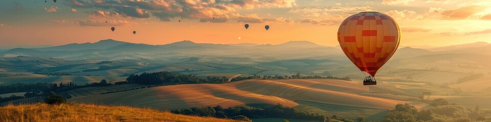 Vibrant hot air balloons floating in a clear blue sky over a colorful, blossoming field. Free copy space for banner.