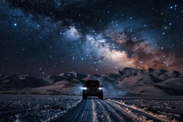 Poster - a truck driving down a snow covered road under a night sky filled with stars