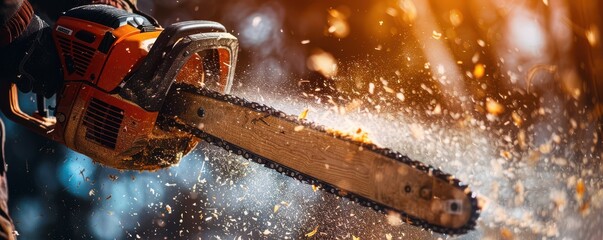 dynamic close-up of a chainsaw in action, with flying wood chips and sawdust creating a dramatic eff