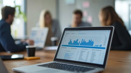 Leinwandbilder - Close-up shot of a laptop displaying detailed charts and graphs, with a team in the background engaged in discussion, symbolizing teamwork, data analysis, and collaboration.