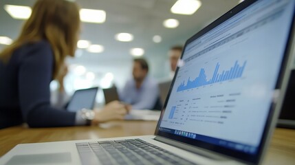 Poster - A team is engaged in an office meeting with a laptop displaying various data charts prominently in the foreground, representing data presentation, collaboration, and productivity.