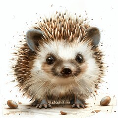 A close-up illustration of a cute hedgehog standing on a white background. The hedgehog has brown and white fur, large black eyes, and a small pink nose. It is drawn in a childrens book style