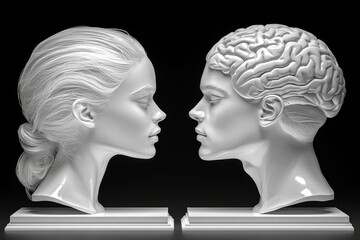 Sticker - Two white marble heads with visible brain structures facing each other symbolize the intellectual exchange and the transparency of thought in a classical and modern context