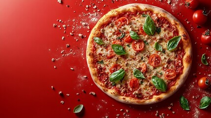 Wall Mural - Freshly baked pizza topped with tomatoes and basil on a red background