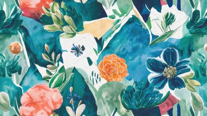 Poster -  Seamless Abstract Watercolor Pattern with Floral and Geometric Elements