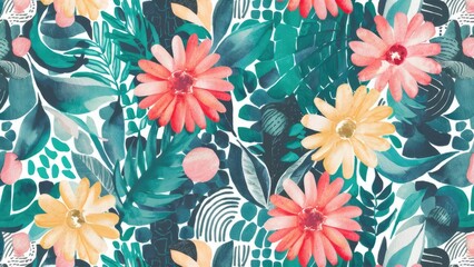 Poster -  Seamless Abstract Watercolor Pattern with Floral and Geometric Elements